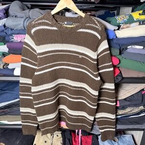 DC Shoes Mens Sweater Striped Knit Long Sleeve Crew Neck Brown L